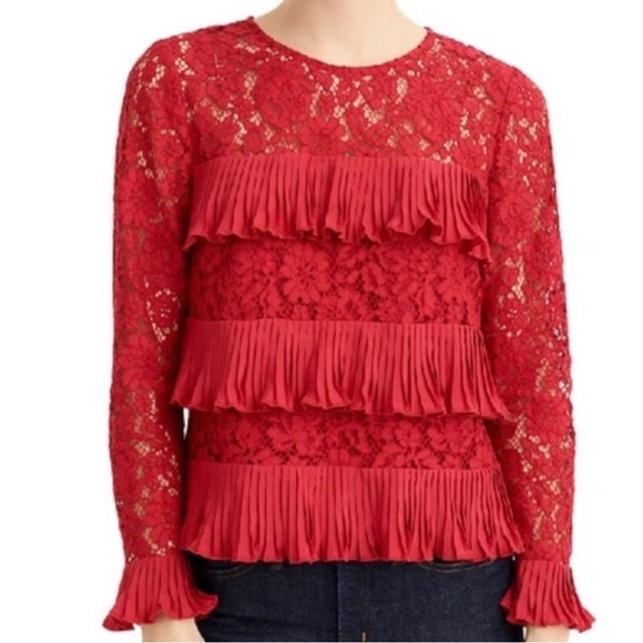 J.Crew Red Lace Pleated Ruffle layers Top Size 4 Holiday Party Family photos - Picture 4 of 9